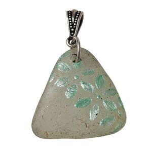 Boho Beach Glass Pendant Green Floral Design Metal Bail DIY Fashion Jewelry